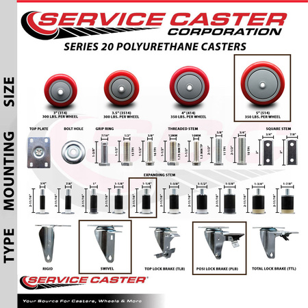 Service Caster 5'' Red Poly Swivel 1-1/4'' Expanding Stem Caster with Brake SCC-EX20S514-PPUB-RED-PLB-114